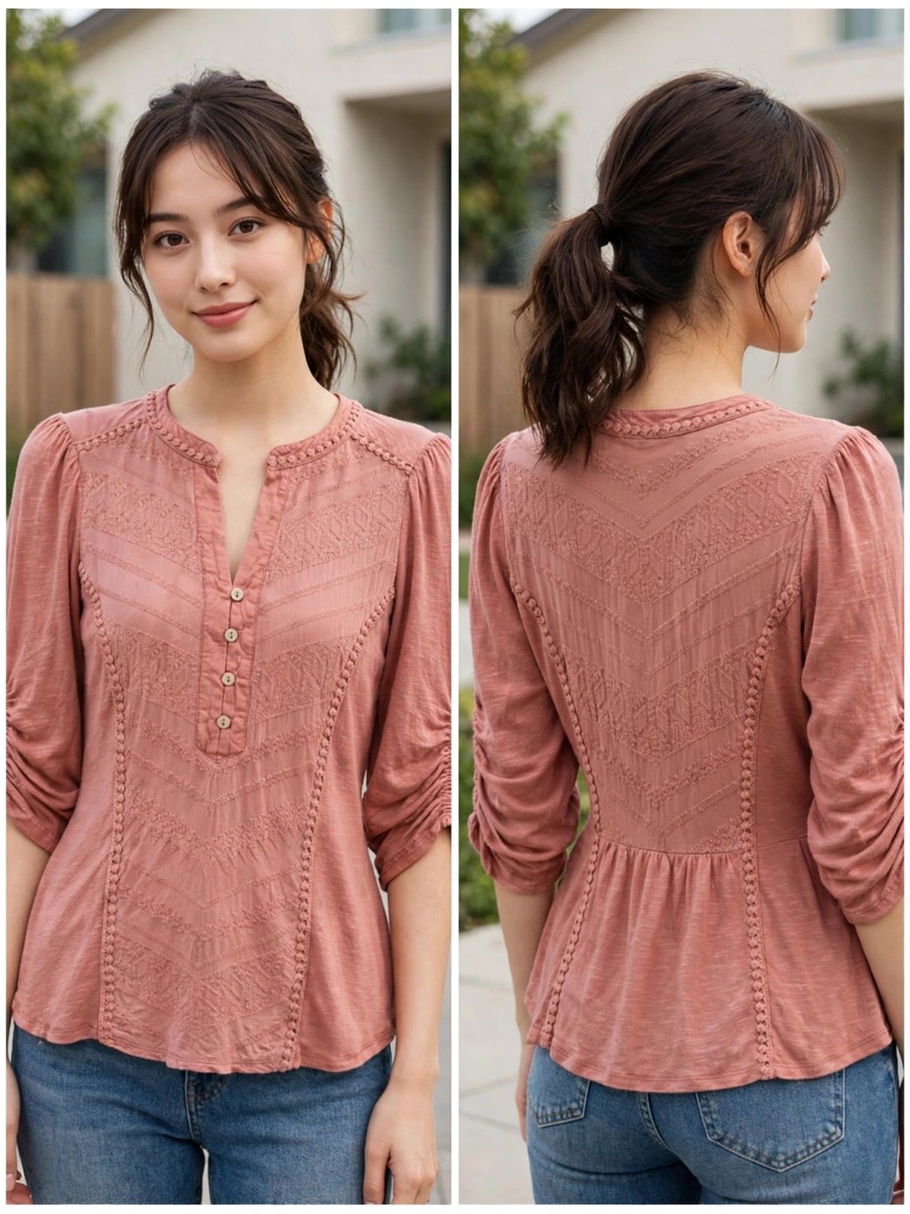 Democracy Rose Mauve Lace-Detail Henley Blouse
